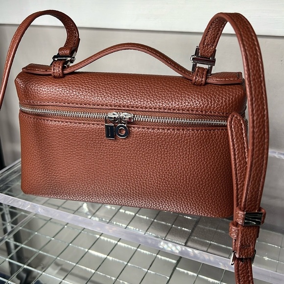 Brown Pebbled Vegan Leather Rice Box Small Crossbody Bag - Picture 3 of 8